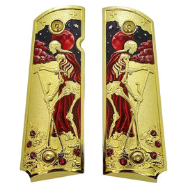 Death Tarot Metal 1911 Full Size Grips – Gold & Red | Ambi Safety Cut | Matching Screws Included