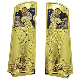 Death Tarot Metal 1911 Full Size Grips – Gold Finish | Ambi Safety Cut | Matching Screws Included