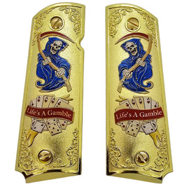 Life's A Gamble Metal 1911 Full Size Grips – Gold Finish | Grim Reaper Design | Ambi Safety Cut | Matching Screws Included