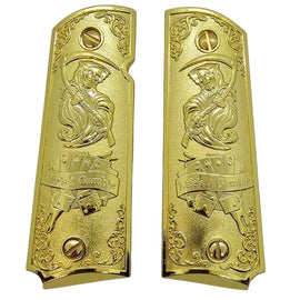 Life's A Gamble Metal 1911 Full Size Grips – Polished Gold Finish | Grim Reaper Design | Ambi Safety Cut | Matching Screws Included