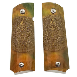 1911 Full-Size Metal Grips with Nickel-Plated Screws – Aztec Calendar Design –Ambi Safety Cut Fits Colt 1911, Springfield, Kimber, and Clones (Copy)