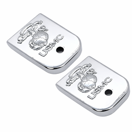 Glock 17, 19, 22, 23, 26 (Gen 1–5) Metal Magazine Base Plates (2-Pack) USMC Chrome