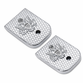 Glock 17, 19, 22, 23, 26 (Gen 1–5) Metal Magazine Base Plates – 2 Pack | Chrome Diamond Texture with Engraved Emblem