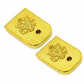 Glock 17, 19, 22, 23, 26 (Gen 1–5) Metal Magazine Base Plates – 2 Pack | Gold Diamond Texture with Engraved Emblem