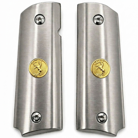 1911 Full Size Stainless Steel Grips – Gold Colt Medallion – Ambi Cut