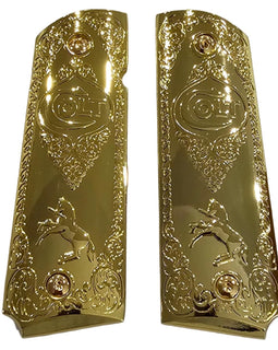 1911 Full Size Metal Grips – Gold with Colt Horse & Logo, Ambi Cut (Includes 4 Screws)