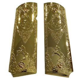 1911 Full Size Metal Grips – Gold with Colt Horse & Logo, Ambi Cut (Includes 4 Screws)