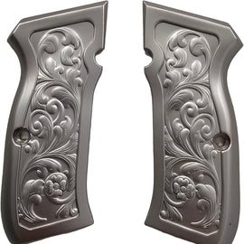 Brushed Nickel CZ-75 / CZ-85 Full-Size Metal Grips – Floral Scroll Engraved Design with Matching Screws