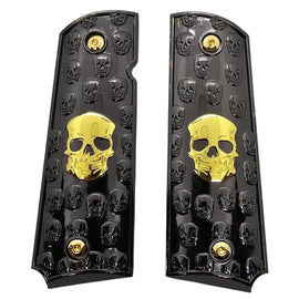 1911 Full Size Metal Grips – Black with Gold Skull Design, Ambi Cut (Includes 4 Screws)