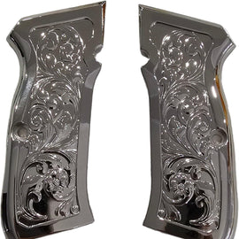 Mirror Chrome-Plated CZ-75 / CZ-85 Full-Size Metal Grips – Floral Scroll Design with Matching Screws