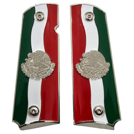 1911 Full Size Metal Grips – Silver Mexican Flag Design with Eagle Emblem (Ambi Cut, Includes 4 Screws)