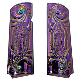1911 Full Size Metal Grips – Iridescent Purple & Gold Virgin Mary Design (Ambi Cut, Includes 4 Screws)