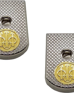 Beretta 92 / 96 Full Size Magazine Floor Plates – Chrome Metal Base Pad with Gold Logo (Fits 92FS, M9, 92A1, 92 INOX)