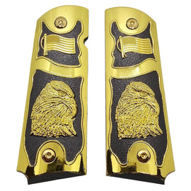 1911 Full Size Metal Grips – Gold & Black Eagle with American Flag Design (Ambi Cut, Includes 4 Screws)