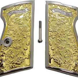 Grips for Walther PPK/PPK-S – Scroll Engraved Panels with Gold Nickel Polished Finish and Matching Screw