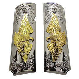 1911 Full Size Metal Grips – Silver & Gold Eagle Design with Floral Engraving (Ambi Cut, Includes 4 Screws)