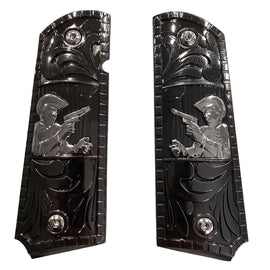 1911 Full Size Metal Grips – Chalino Sánchez Design (Black & Silver, Ambi Cut, Includes 4 Screws)