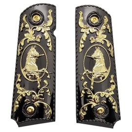 1911 Full Size Metal Grips – Black & Gold Horse Design (Ambi Cut, Includes 4 Screws)