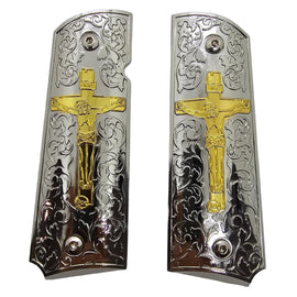 1911 Full Size Metal Grips – Chrome & Gold Crucifix Design (Ambi Cut, Includes 4 Screws)