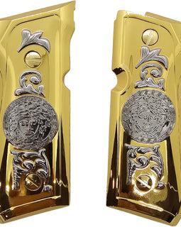 Beretta 92 / 96 Full Size Metal Grips – Gold with Silver Medusa Design (Fits 92FS, M9, 92A1, 92 INOX – Includes Screws)
