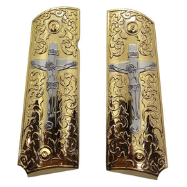 1911 Full Size Metal Grips – Gold & Silver Crucifix Design (Ambi Cut, Includes 4 Screws)