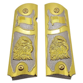 1911 Full Size Metal Grips – Silver & Gold Eagle with American Flag Design (Ambi Cut, Includes 4 Screws)