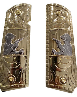 1911 Full Size Metal Grips – Chalino Sánchez Design (Gold & Silver, Ambi Cut, Includes 4 Screws)