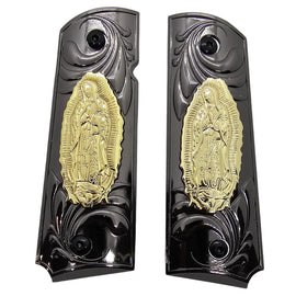 1911 Full Size Metal Grips – Black & Gold Our Lady Design (Ambi Cut, Includes 4 Screws)