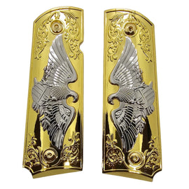 1911 Full Size Metal Grips – Gold & Silver Eagle Design with Floral Engraving (Ambi Cut, Includes 4 Screws)
