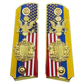 1911 Full Size Metal Grips – USA & Ukraine Flag Design with Dual Emblem (Ambi Cut, Includes 4 Screws)