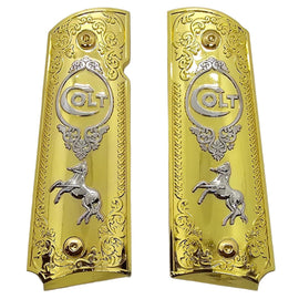 1911 Full Size Metal Grips – Gold Nickel with Colt Horse & Logo, Ambi Cut (Includes 4 Screws)