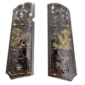 1911 Full Size Metal Grips – Chalino Sánchez Design (Chrome & Gold, Ambi Cut, Includes 4 Screws)