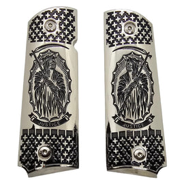 1911 Full Size Metal Grips – Chrome “Justice Reaper” Design (Ambi Cut, Includes 4 Screws)