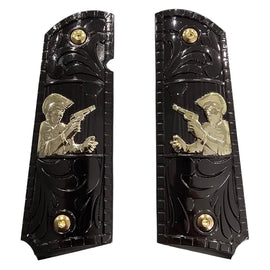 1911 Full Size Metal Grips – Chalino Sánchez Design (Black & Gold, Ambi Cut, Includes 4 Screws)