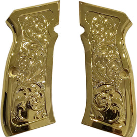 Mirror Gold-Plated CZ-75 / CZ-85 Full-Size Metal Grips – Floral Scroll Design with Matching Screws