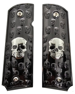 1911 Full Size Metal Grips – Black with Silver Skull Design, Ambi Cut (Includes 4 Screws)