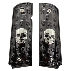 1911 Full Size Metal Grips – Black with Silver Skull Design, Ambi Cut (Includes 4 Screws)
