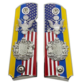 1911 Full Size Metal Grips – Silver USA & Ukraine Flag Design with Dual Emblem (Ambi Cut, Includes 4 Screws)