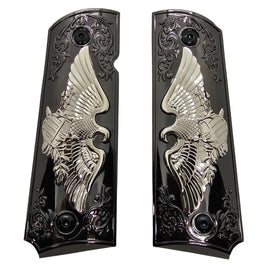 1911 Full Size Metal Grips – Black & Silver Eagle Design with Floral Engraving (Ambi Cut, Includes 4 Screws)