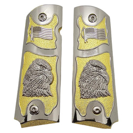 1911 Full Size Metal Grips – Gold & Silver Eagle with American Flag Design (Ambi Cut, Includes 4 Screws)