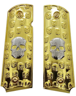 1911 Full Size Metal Grips – Gold with Silver Skull Design, Ambi Cut (Includes 4 Screws)