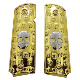 1911 Full Size Metal Grips – Gold with Silver Skull Design, Ambi Cut (Includes 4 Screws)