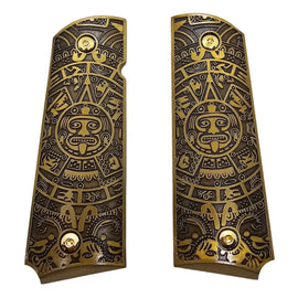 1911 Full Size Metal Grips – Aztec Calendar Design Gold (Ambi Cut, Includes 4 Screws)