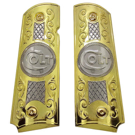 1911 Full Size Metal Grips – Gold & Silver Colt Design (Ambi Cut, Includes 4 Screws)
