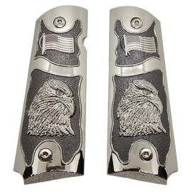 1911 Full Size Metal Grips – Chrome Eagle & American Flag Design (Ambi Cut, Includes 4 Screws)