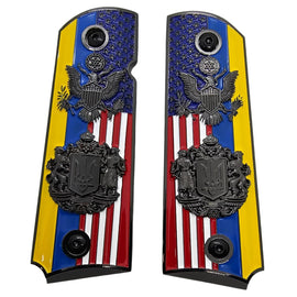 1911 Full Size Metal Grips – Black USA & Ukraine Flag Design with Dual Emblem (Ambi Cut, Includes 4 Screws)