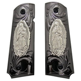 1911 Full Size Metal Grips – Black & Silver Our Lady Design (Ambi Cut, Includes 4 Screws)