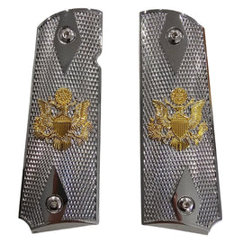 1911 Full Size Metal Grips – Silver & Gold Great Seal of the United States Design (Ambi Cut, Includes 4 Screws)