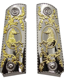 1911 Full Size Metal Grips – Chrome & Gold Horse Design (Ambi Cut, Includes 4 Screws)