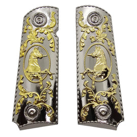1911 Full Size Metal Grips – Chrome & Gold Horse Design (Ambi Cut, Includes 4 Screws)
